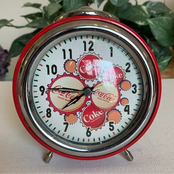 Vintage 90s Coca Cola Alarm Clock Red Silver Metal Coke Soda Pop Quartz Clock - Picture 1 of 13
